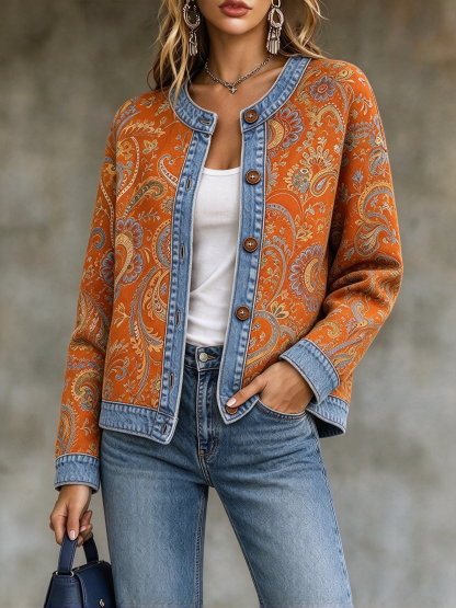 ⭐Women’s Casual Crewneck Jacket Button Front Paisley Print Long Sleeve Jacket