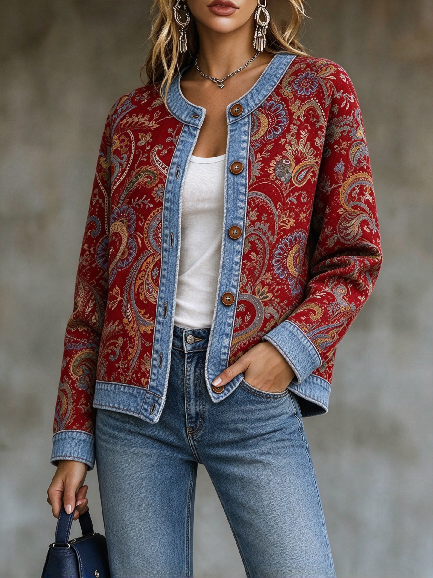 ⭐Women’s Casual Crewneck Jacket Button Front Paisley Print Long Sleeve Jacket