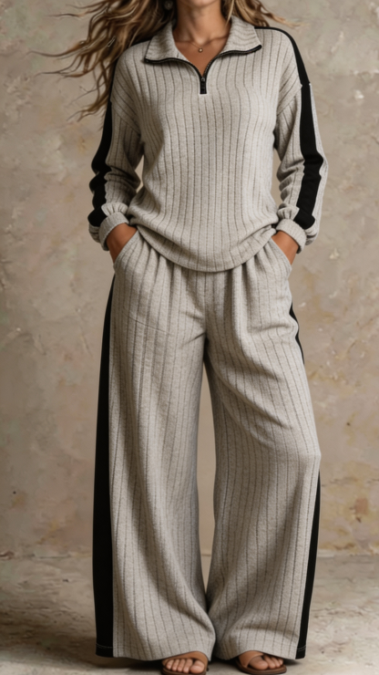 Women Ribbed Half-Zip Lounge Two-Piece Set
