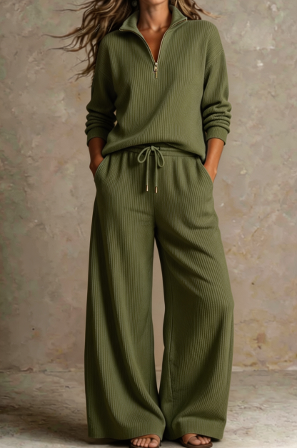 Women Ribbed Half-Zip Knit Two-Piece Set