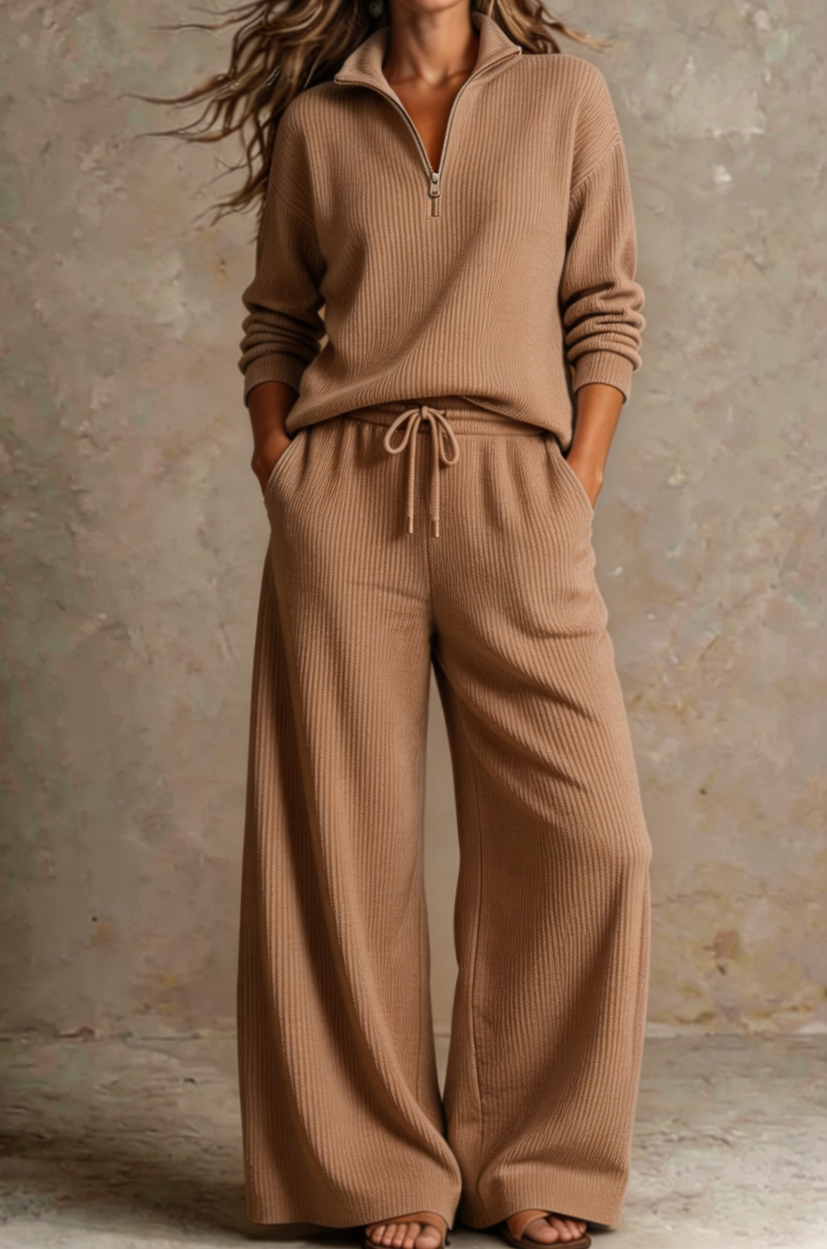 Women Ribbed Half-Zip Knit Two-Piece Set