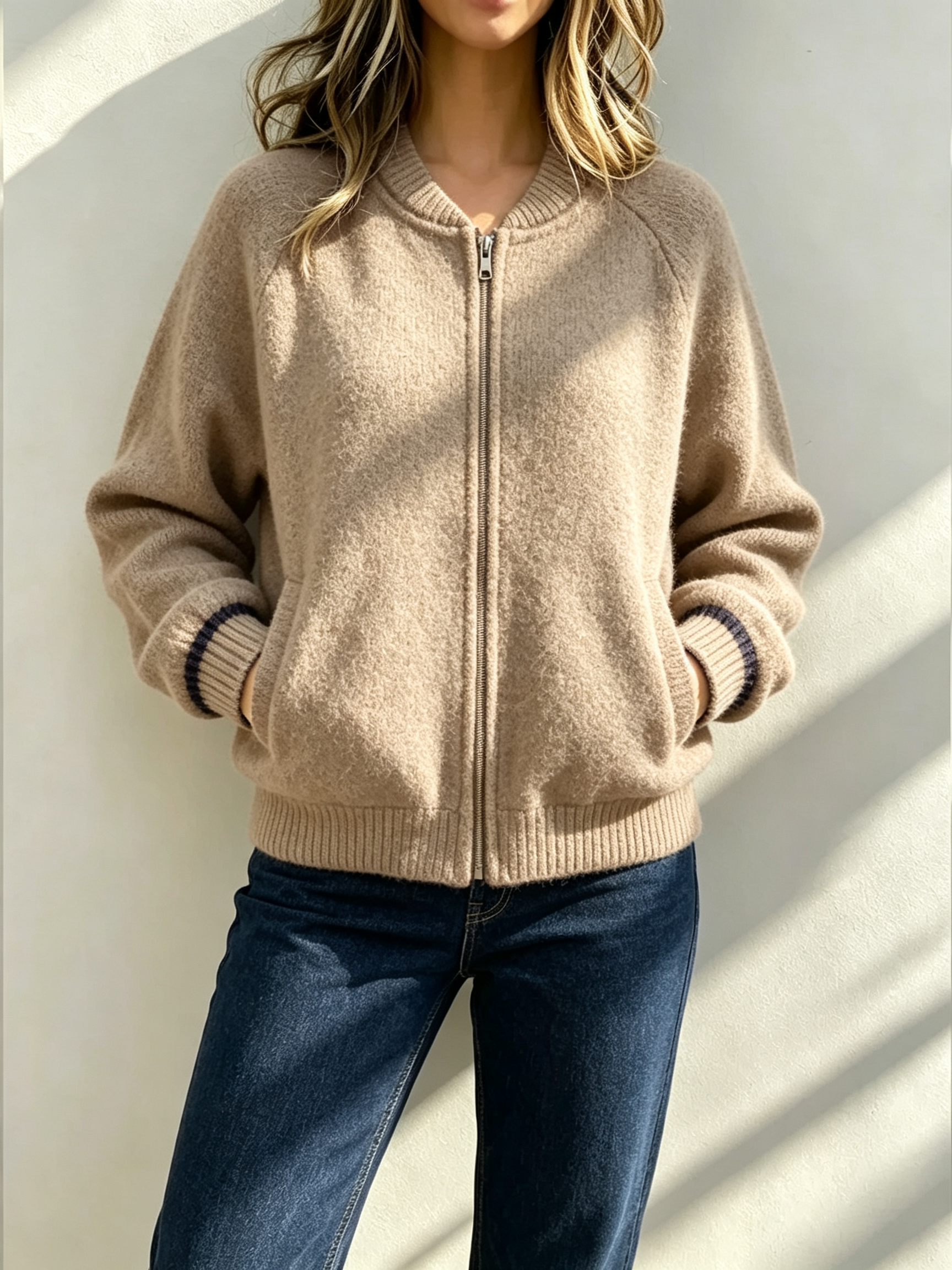 Women's Plush Crew-Neck Zip-Up Jacket