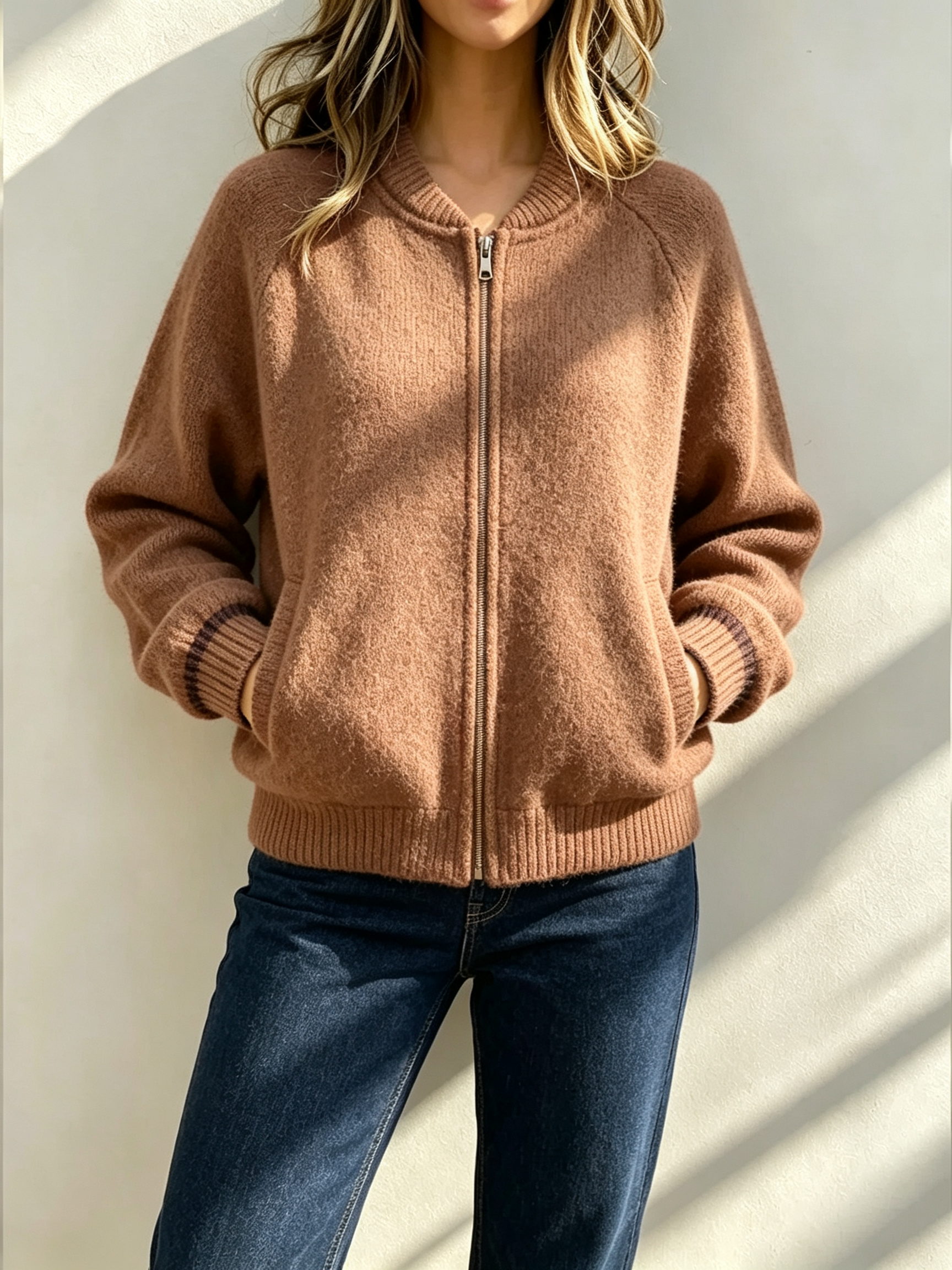 Women's Plush Crew-Neck Zip-Up Jacket