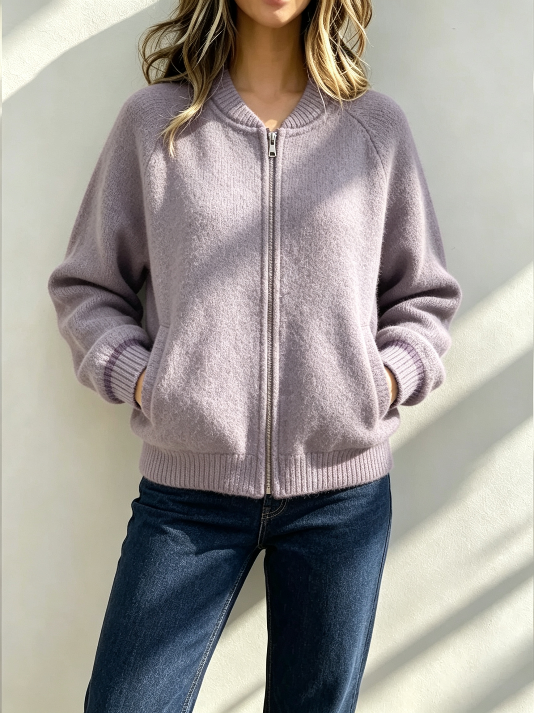 Women's Plush Crew-Neck Zip-Up Jacket