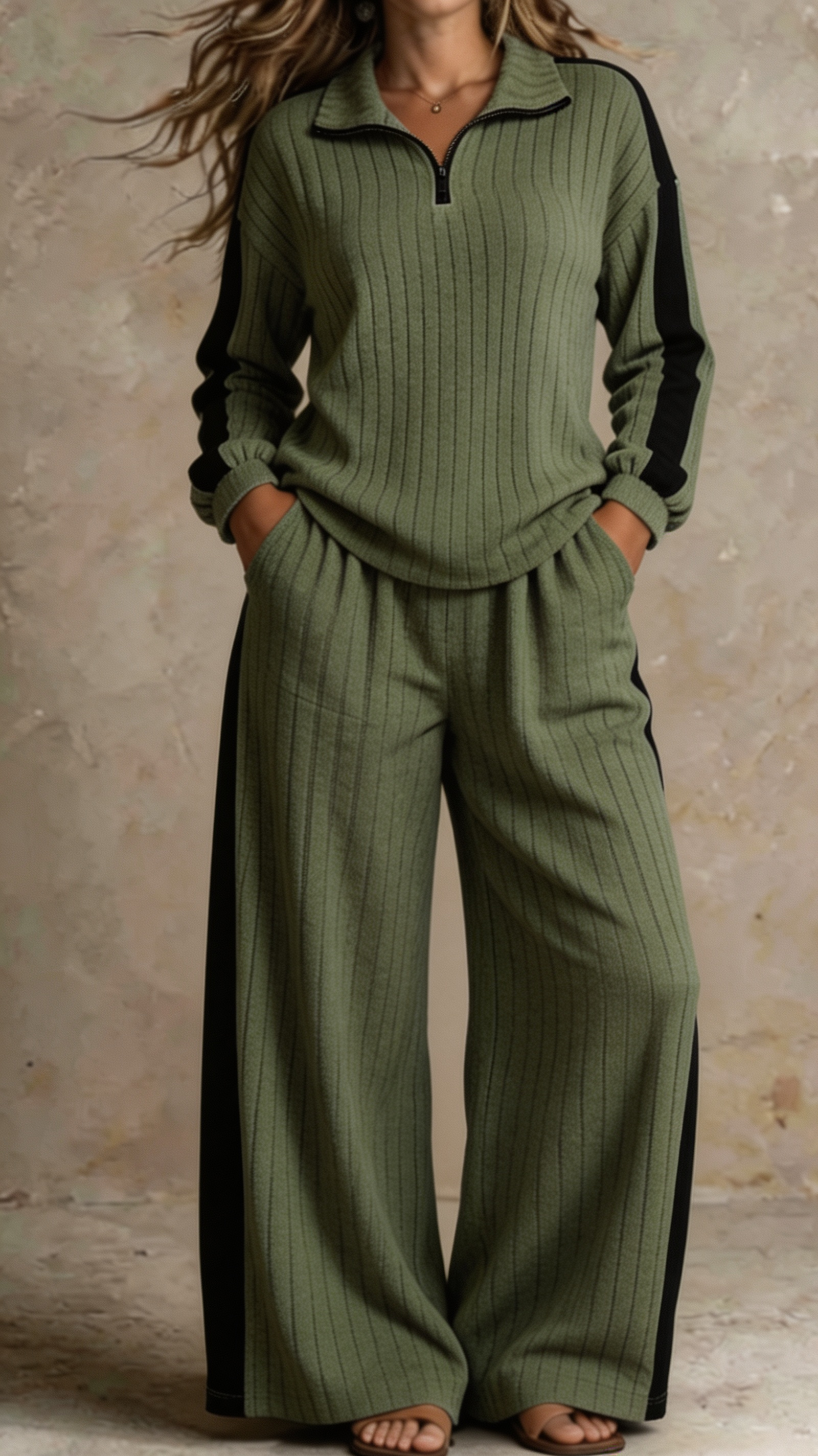 Women Ribbed Half-Zip Lounge Two-Piece Set