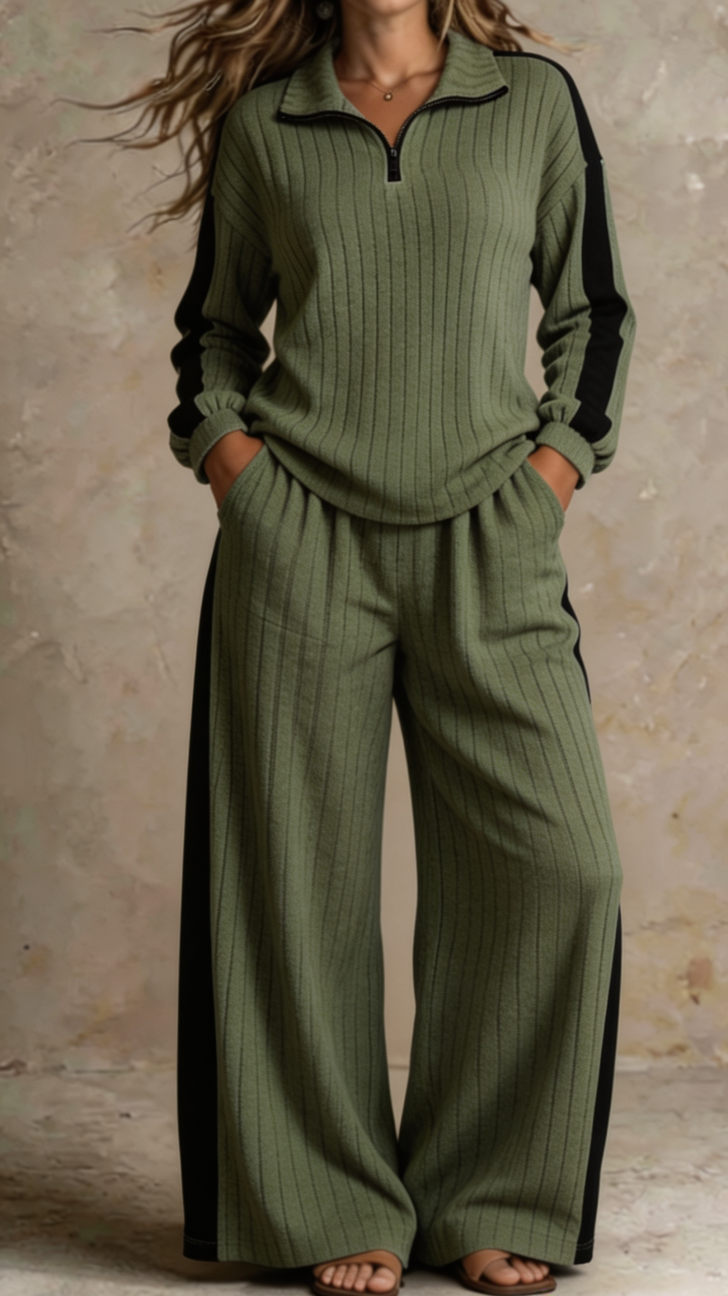 Women Ribbed Half-Zip Lounge Two-Piece Set