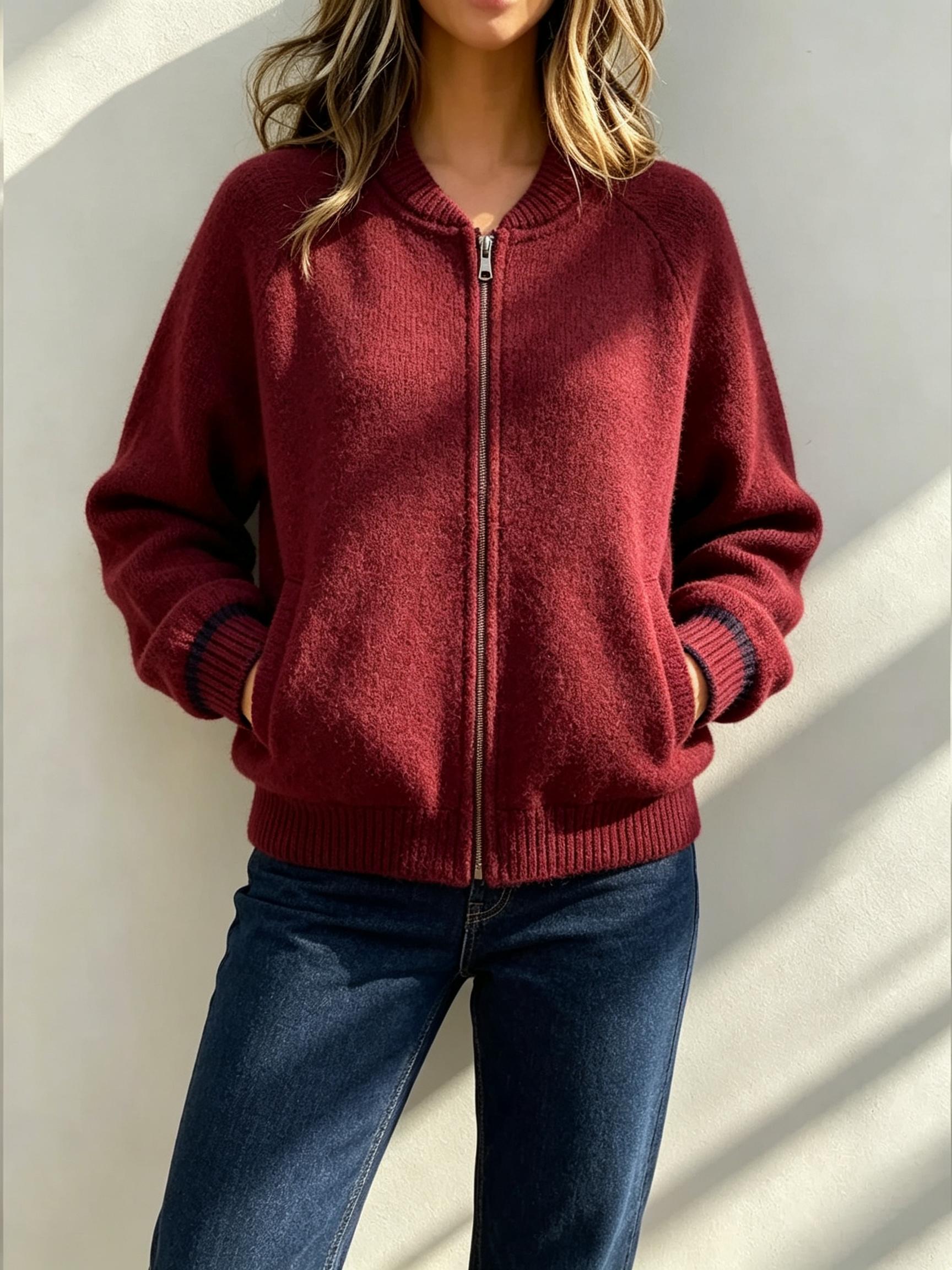 Women's Plush Crew-Neck Zip-Up Jacket