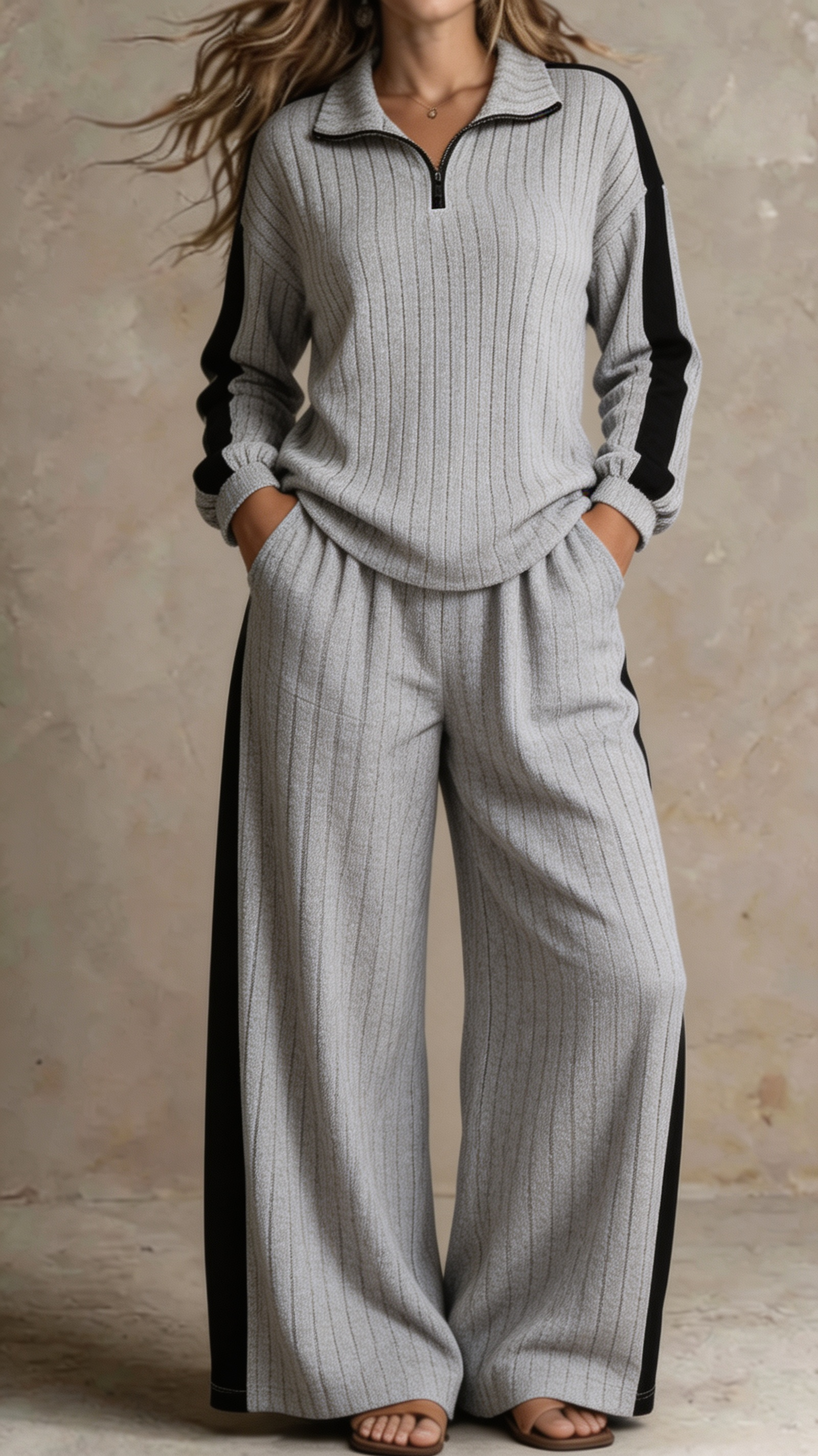 Women Ribbed Half-Zip Lounge Two-Piece Set
