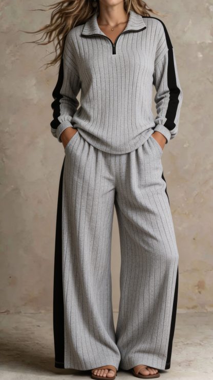 Women Ribbed Half-Zip Lounge Two-Piece Set