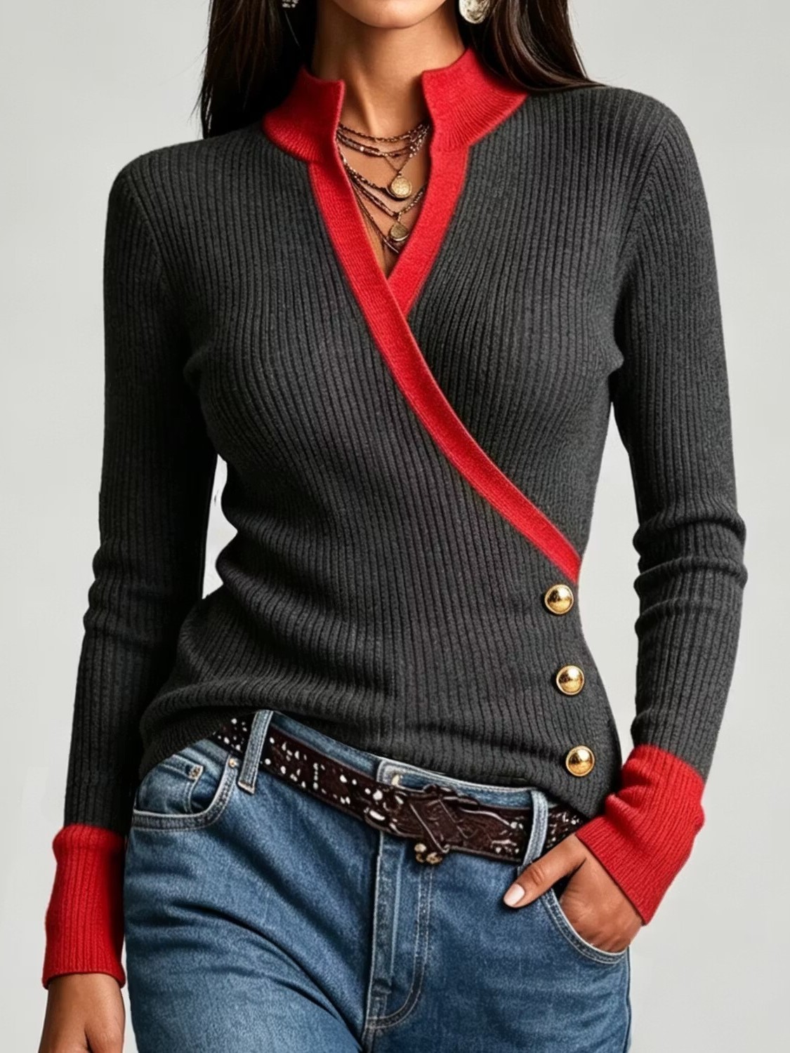 Women's Ribbed Knit Wrap Blouse with Gold Buttons & Contrast Trim, V-Neck Long Sleeve Top