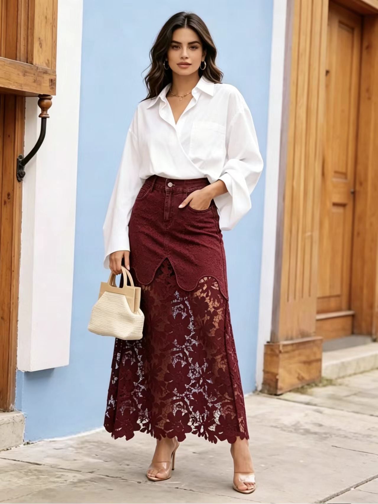 Women's denim bodycon skirt with lace trim