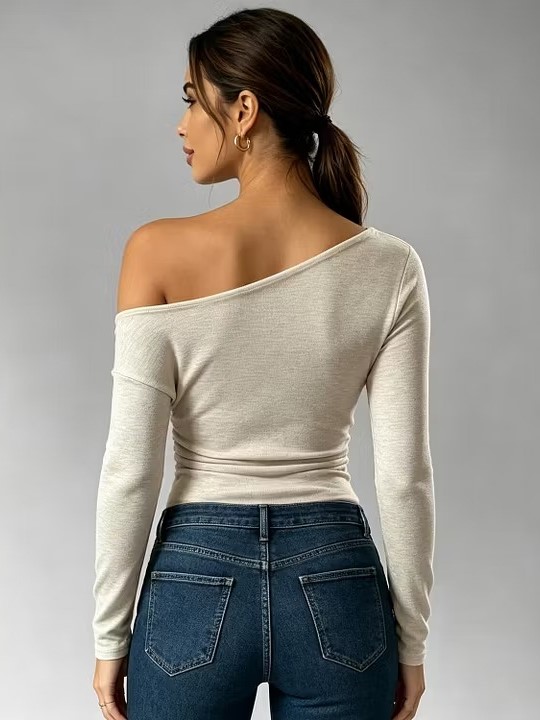 Women's Asymmetrical Off-Shoulder Lace Insert Long Sleeve Fitted Blouse