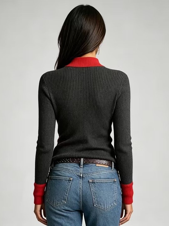 Women's Ribbed Knit Wrap Blouse with Gold Buttons & Contrast Trim, V-Neck Long Sleeve Top