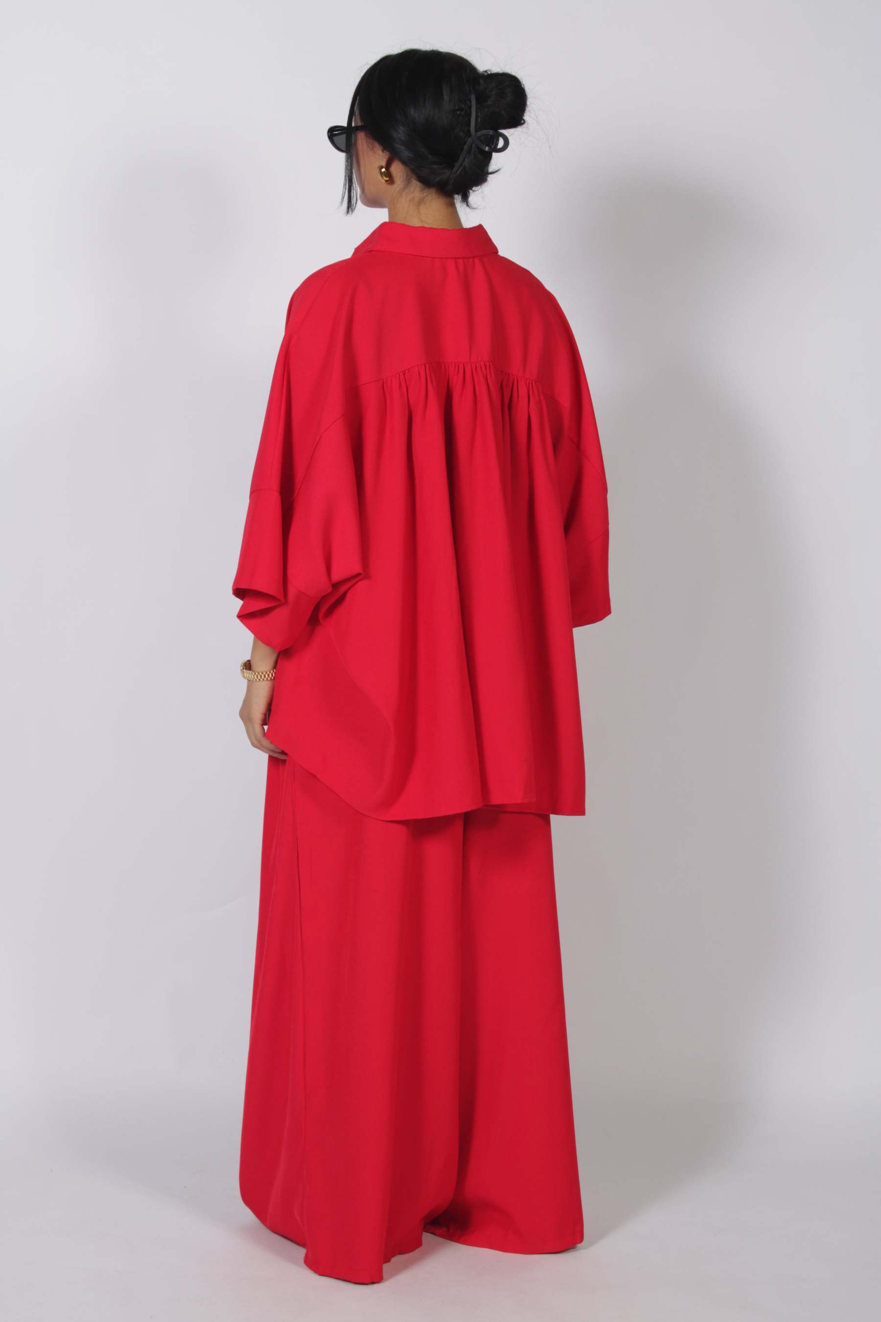 Red Oversized Batwing Sleeve Shirt & Wide Leg Pants Set