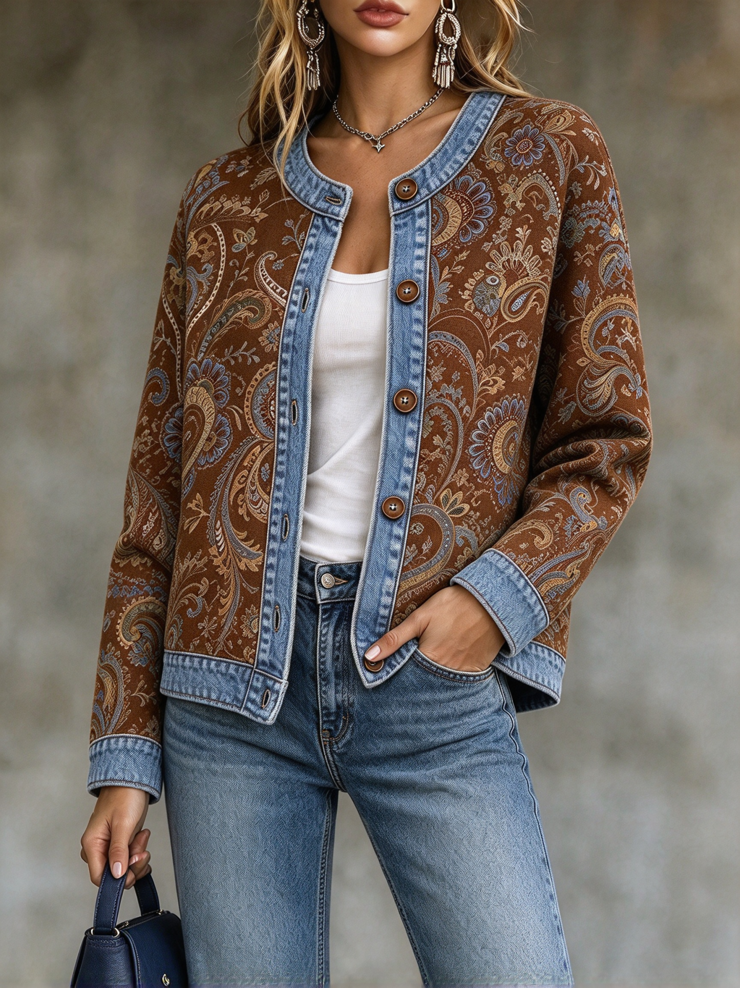 ⭐Women’s Casual Crewneck Jacket Button Front Paisley Print Long Sleeve Jacket