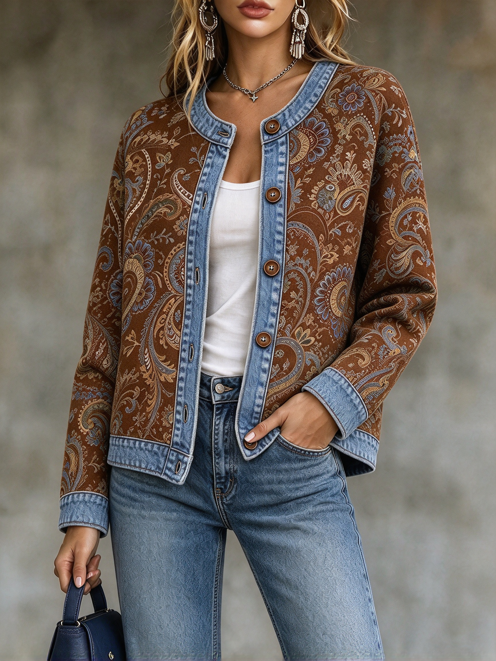 ⭐Women’s Casual Crewneck Jacket Button Front Paisley Print Long Sleeve Jacket