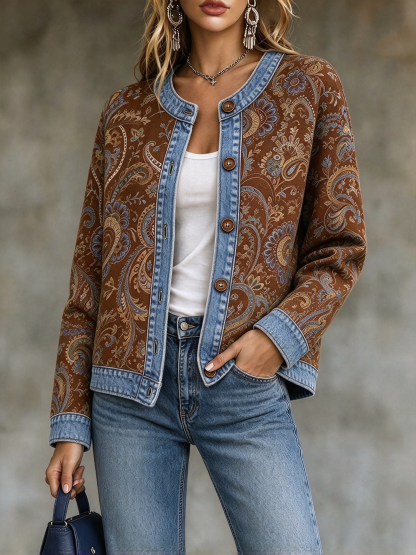 ⭐Women’s Casual Crewneck Jacket Button Front Paisley Print Long Sleeve Jacket