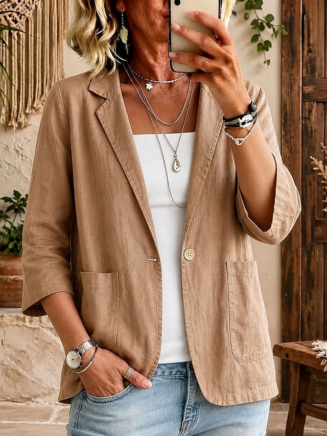 Women’s Casual Linen Blazer Relaxed Fit Single Button Pocket Jacket