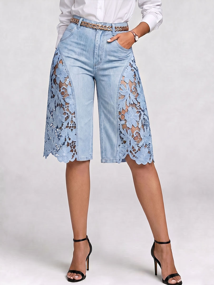 Women's High-waisted Cutout Lace Loose-fit Wide-leg Denim Shorts---Belt Not Included
