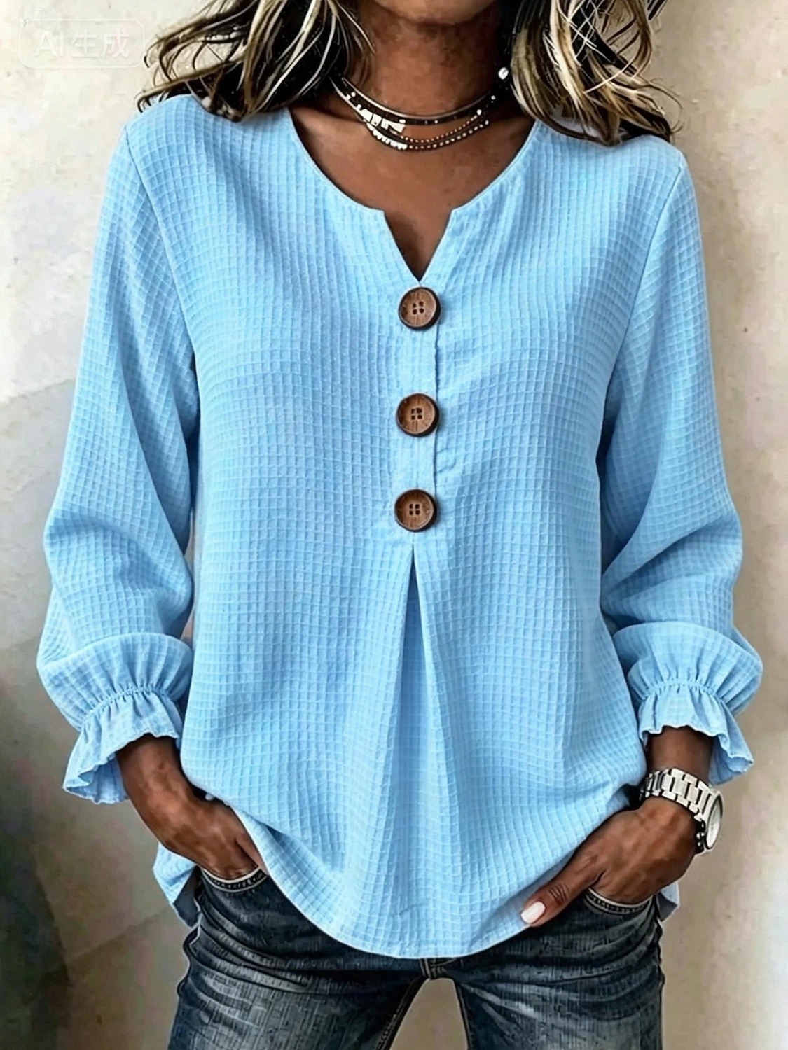 Women's Waffle Knit Button Blouse V-Neck Long Sleeve Ruffle Cuff Top