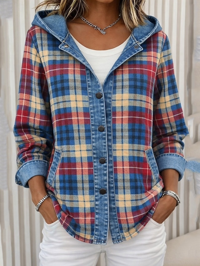 Women's Casual Jacket Hoodie Jacket Warm Comfortable Zipper Pocket Buttons Casual Plaid Home Outdoor Vacation Daily Wear Regular Hooded Loose Fit Long Sleeve Outerwear Blue Fall Winter