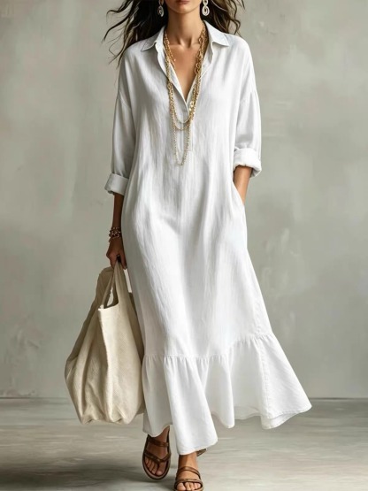 Solid Collared V-Neck Ruffle Hem Midi Dress