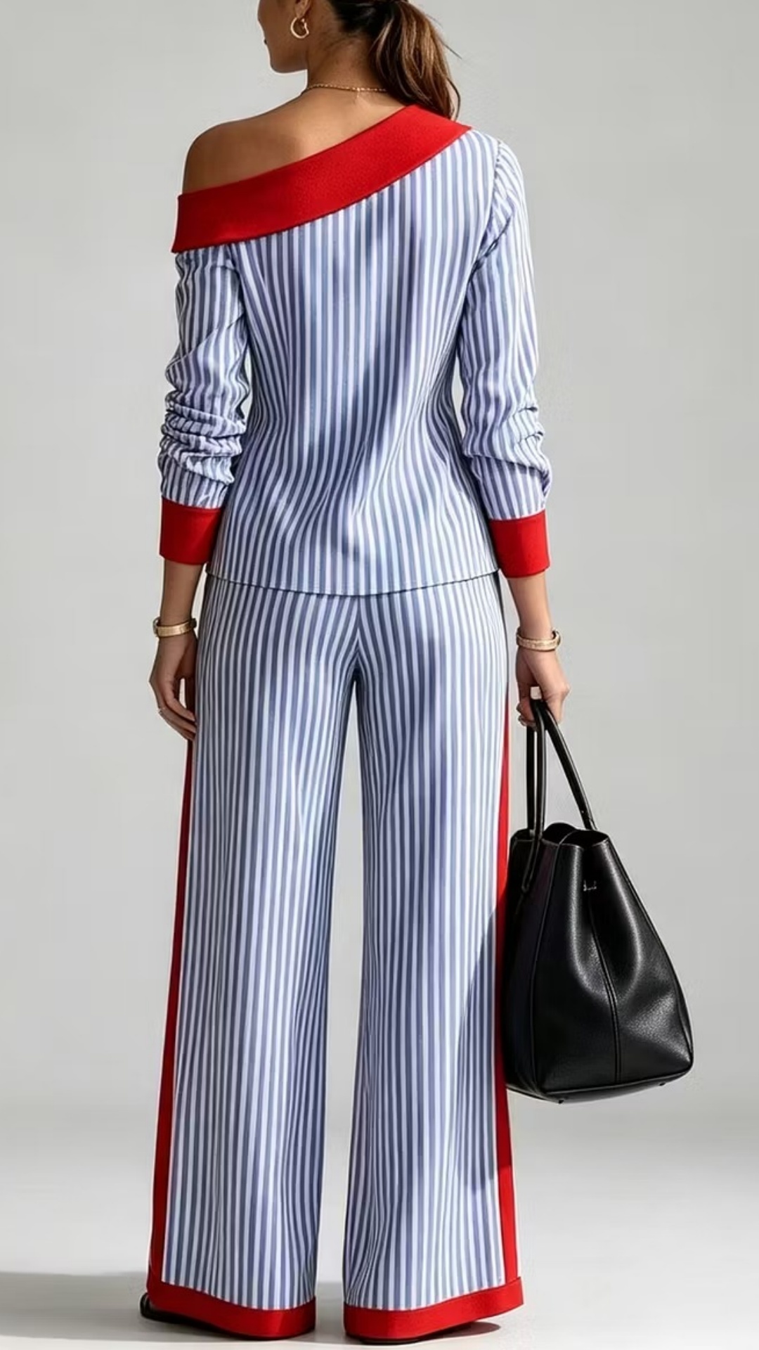 Women's Fashion Striped Color Block Slant Pockets Wide Set