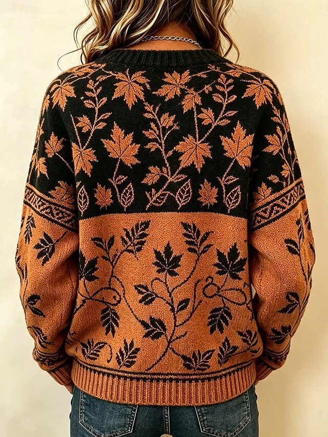 Vintage Leaf Pattern Cardigan Sweater, Color Block Knit Button Front Oversized Cozy Fall Winter Cardigan