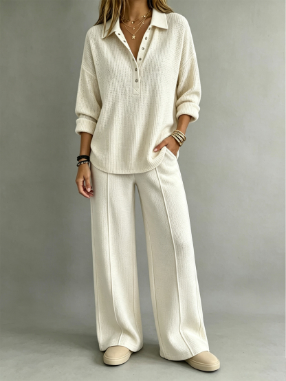 Waffle Knit Collared Henley Top & Wide Leg Pants 2-Piece Lounge Set