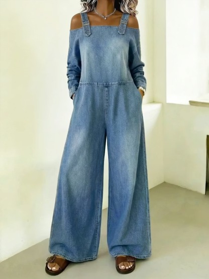 Off-the-Shoulder Wide Leg Denim Jumpsuit