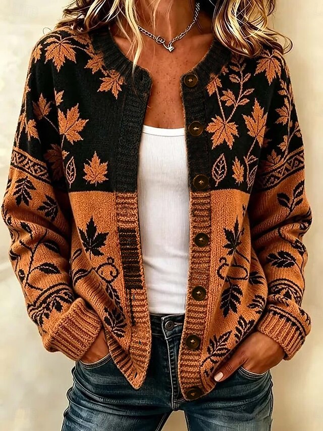 Vintage Leaf Pattern Cardigan Sweater, Color Block Knit Button Front Oversized Cozy Fall Winter Cardigan