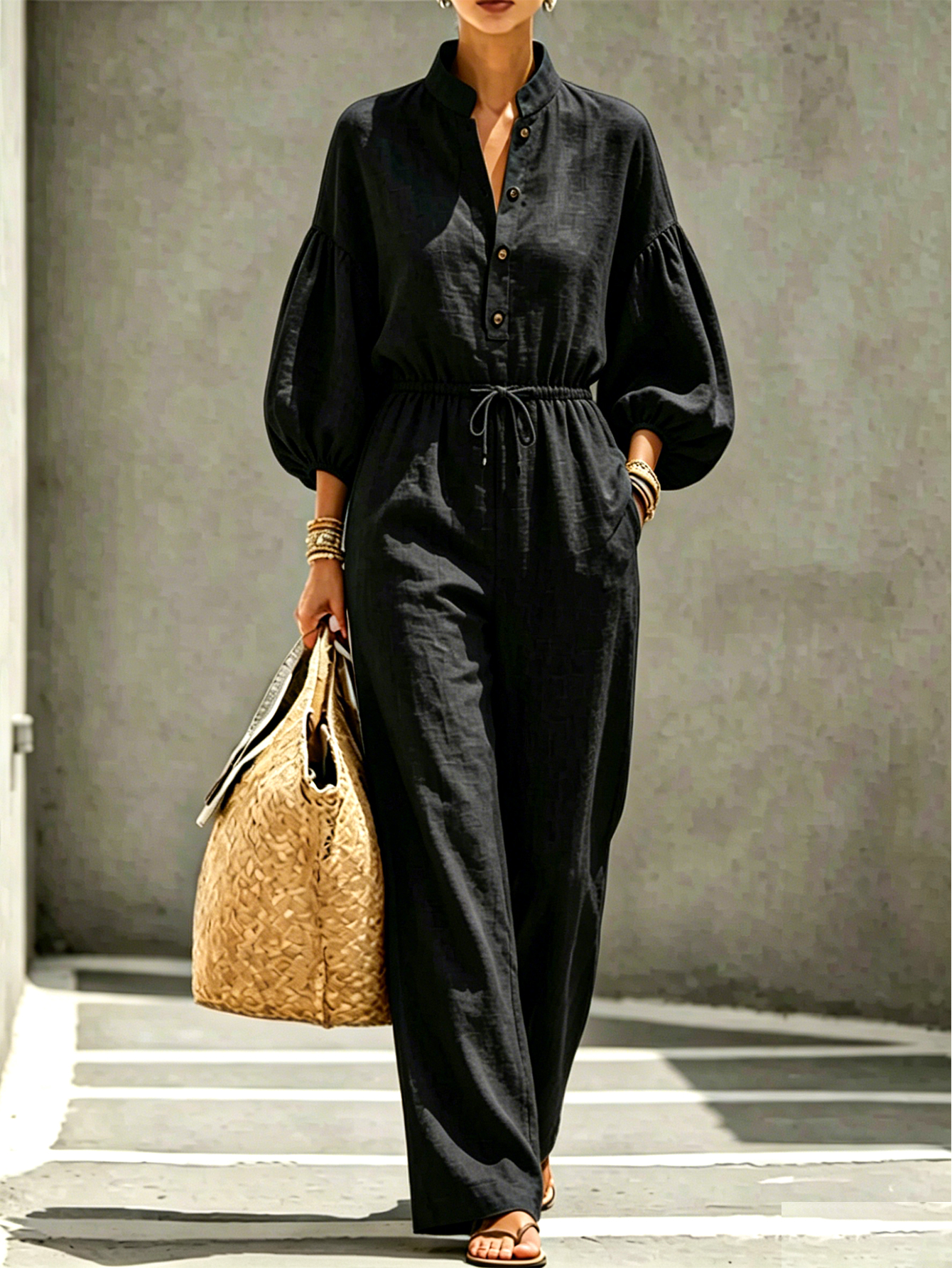 Women's Linen Blend Jumpsuit with Mandarin Collar, Drawstring Waist & Balloon Sleeves