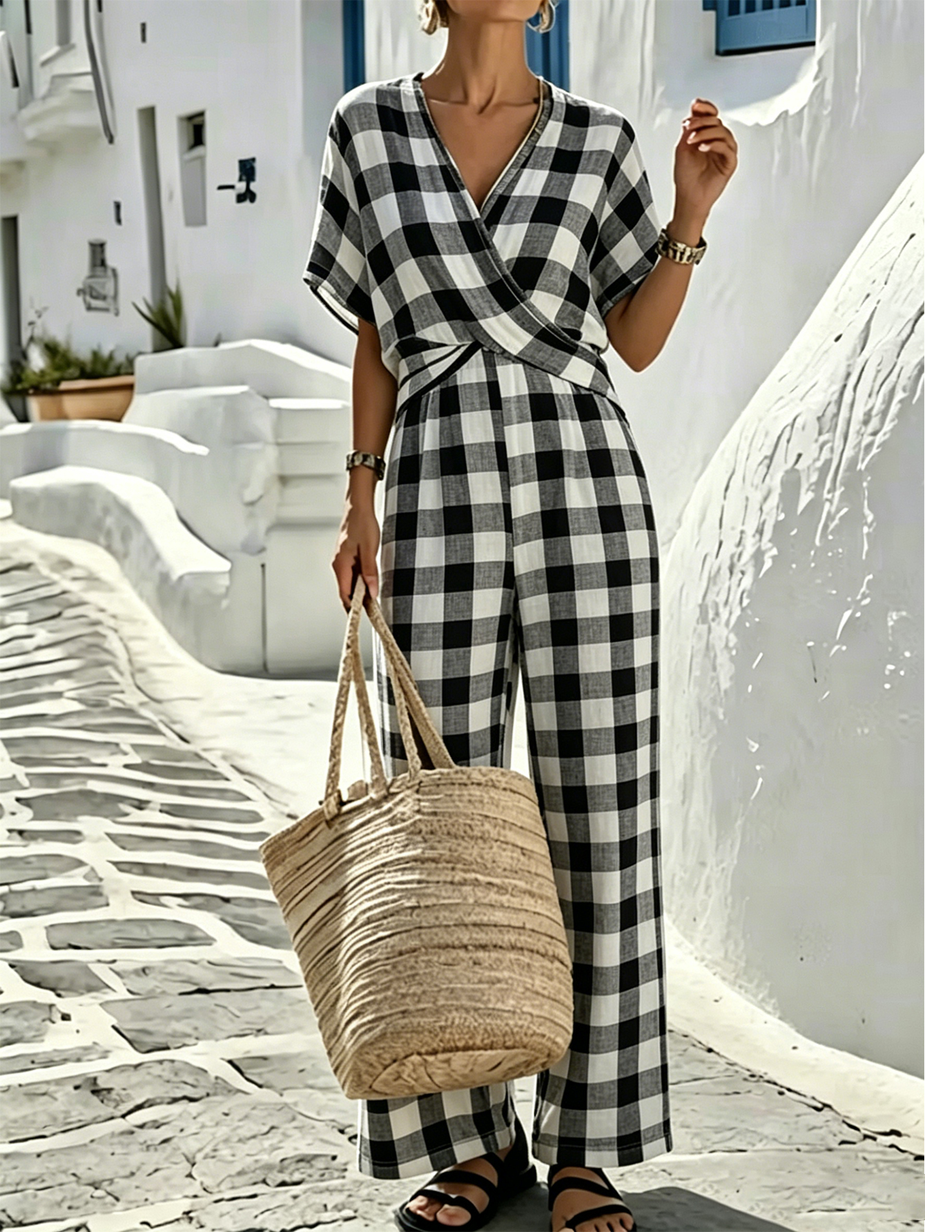 Women's Loose Black and White Plaid Print Jumpsuit