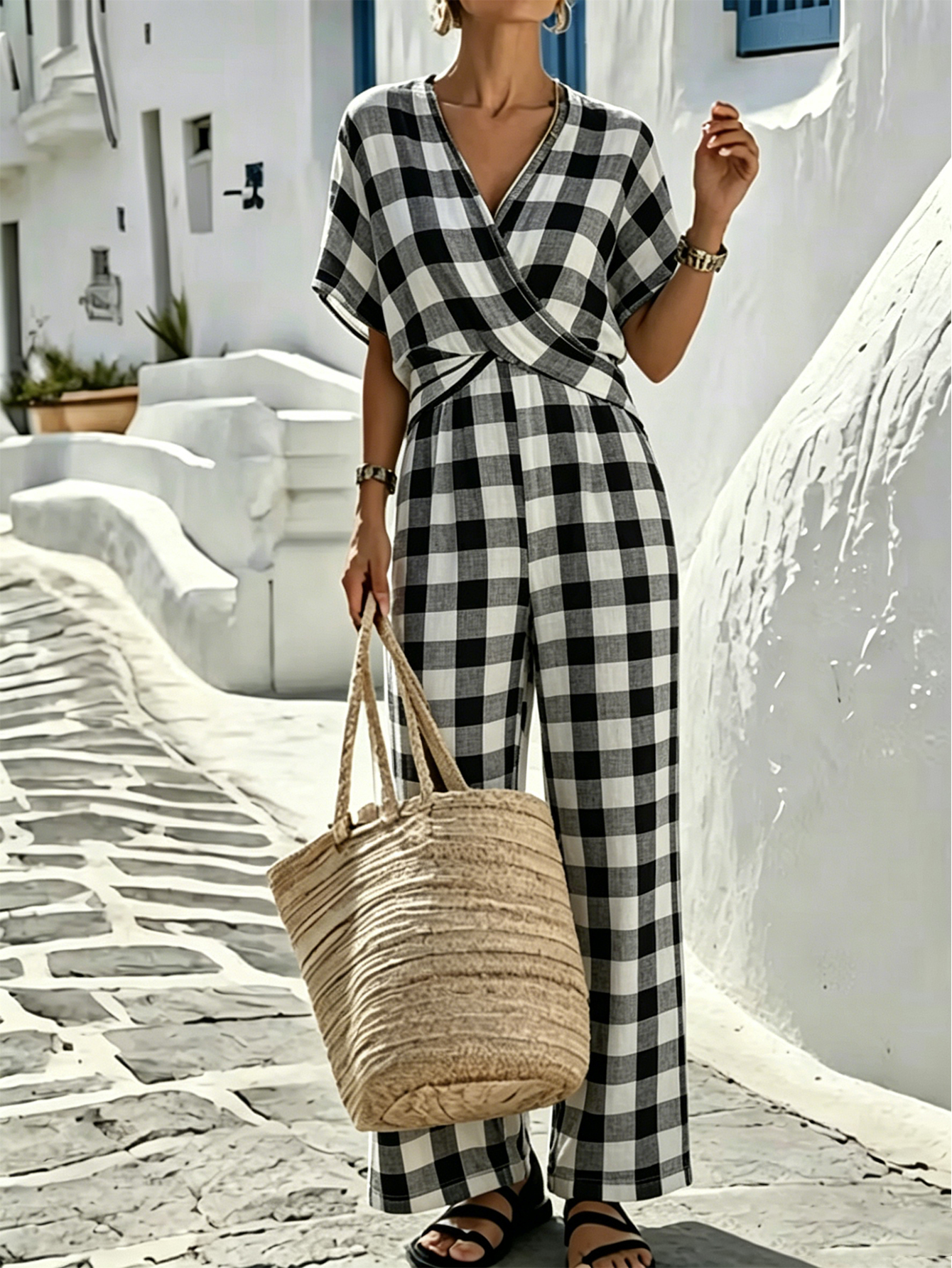 Women's Loose Black and White Plaid Print Jumpsuit