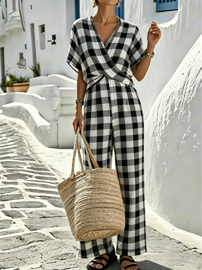 Women's Loose Black and White Plaid Print Jumpsuit