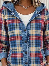 Women's Casual Jacket Hoodie Jacket Warm Comfortable Zipper Pocket Buttons Casual Plaid Home Outdoor Vacation Daily Wear Regular Hooded Loose Fit Long Sleeve Outerwear Blue Fall Winter