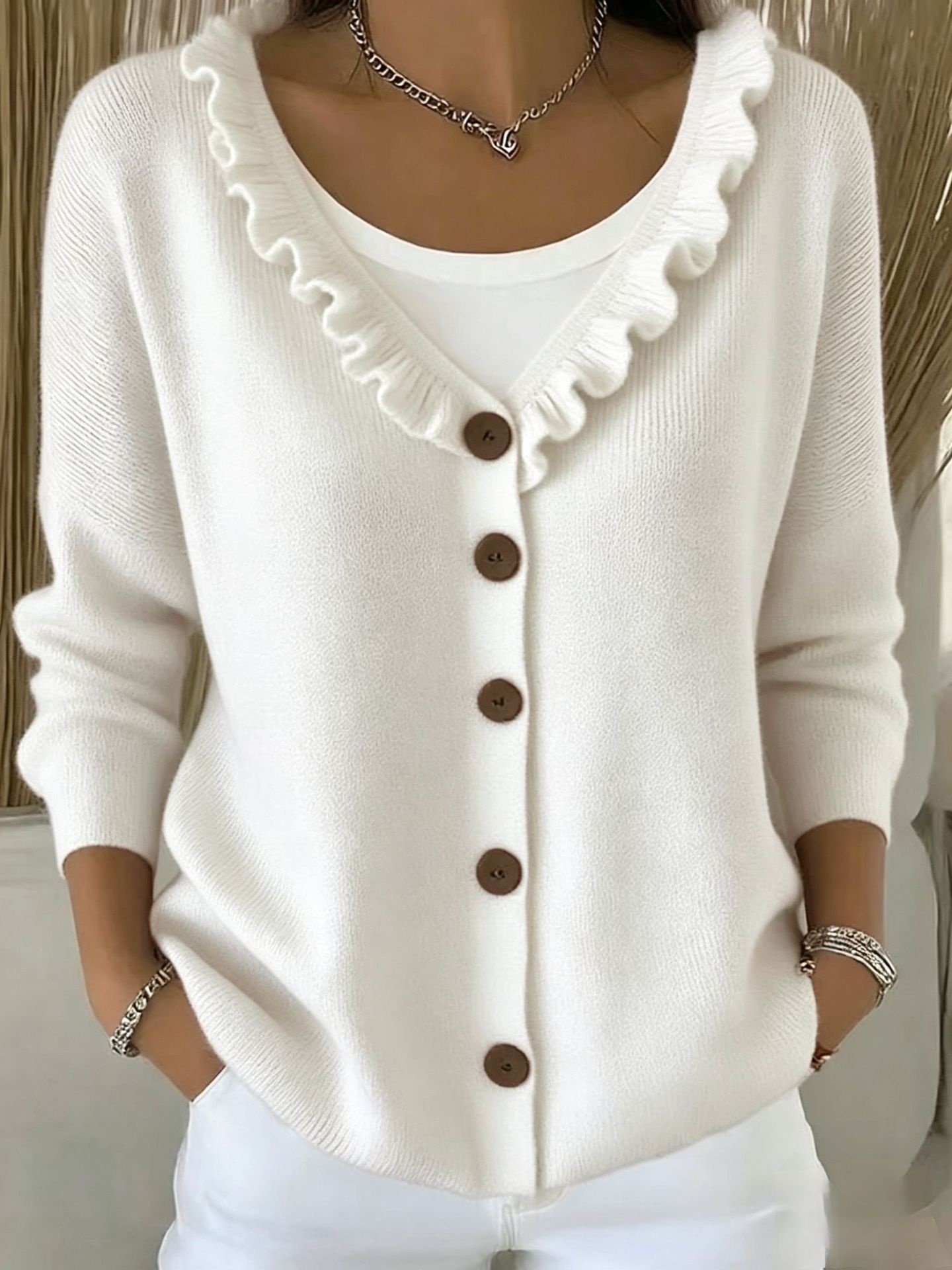 Women's Ruffle Trim V-Neck Button-Down Cardigan - Casual Soft Knit Sweater Top