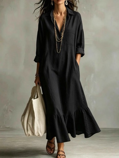 Solid Collared V-Neck Ruffle Hem Midi Dress