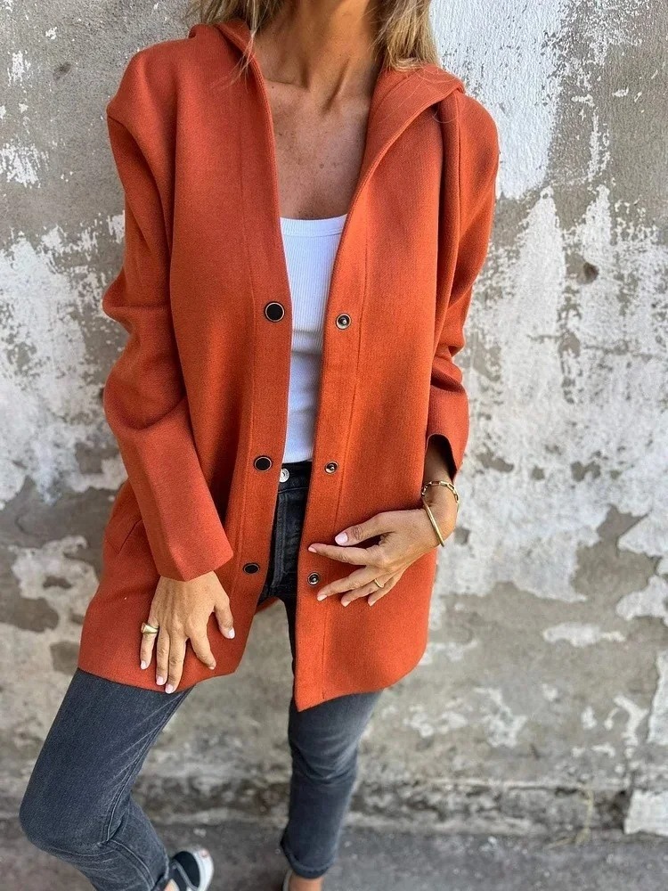 Women’s Hooded Mid-Length Cardigan Coat, Casual Button Front Oversized Jacket