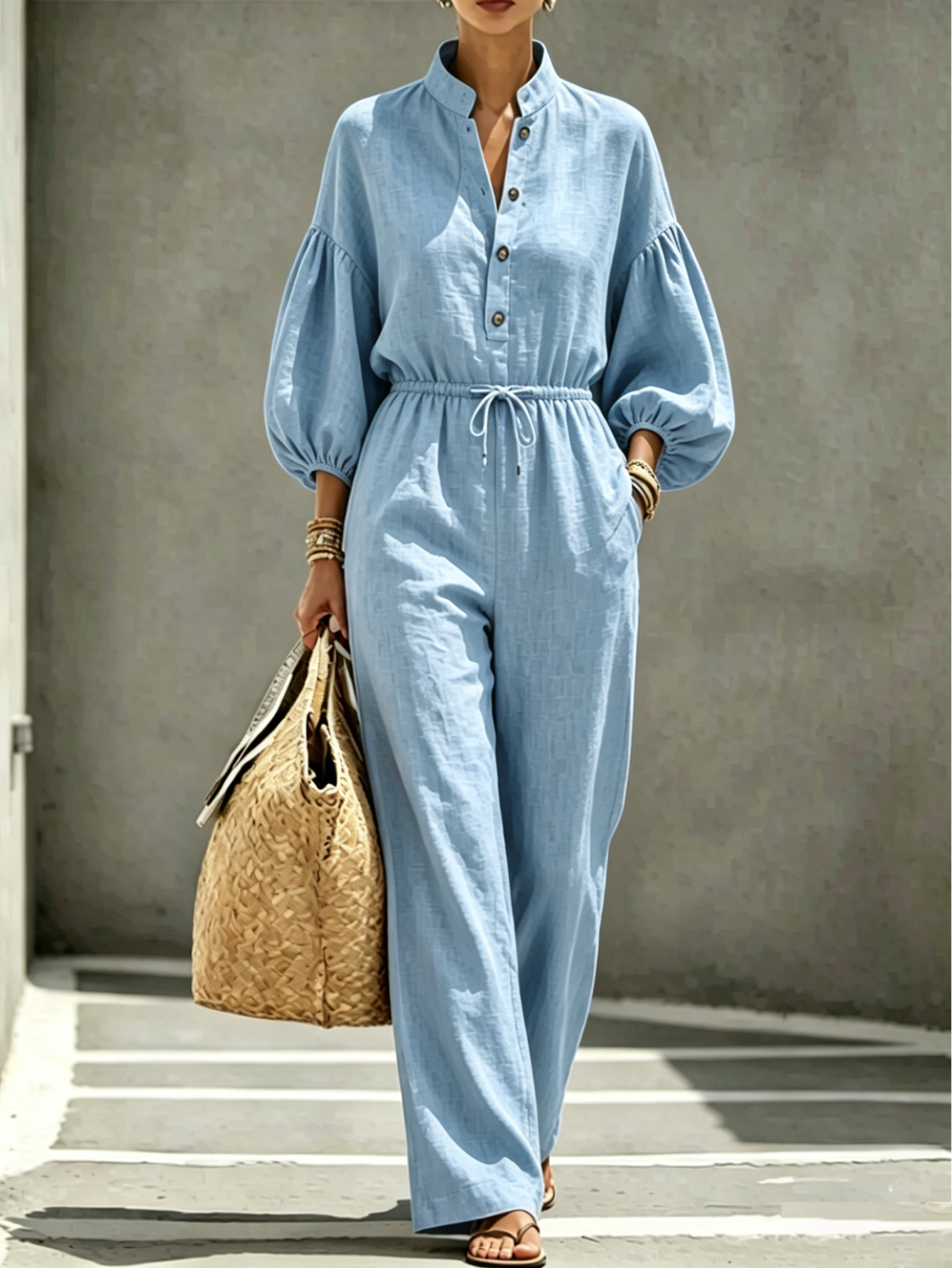 Women's Linen Blend Jumpsuit with Mandarin Collar, Drawstring Waist & Balloon Sleeves