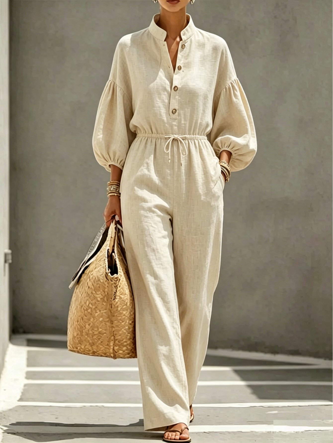 Women's Linen Blend Jumpsuit with Mandarin Collar, Drawstring Waist & Balloon Sleeves