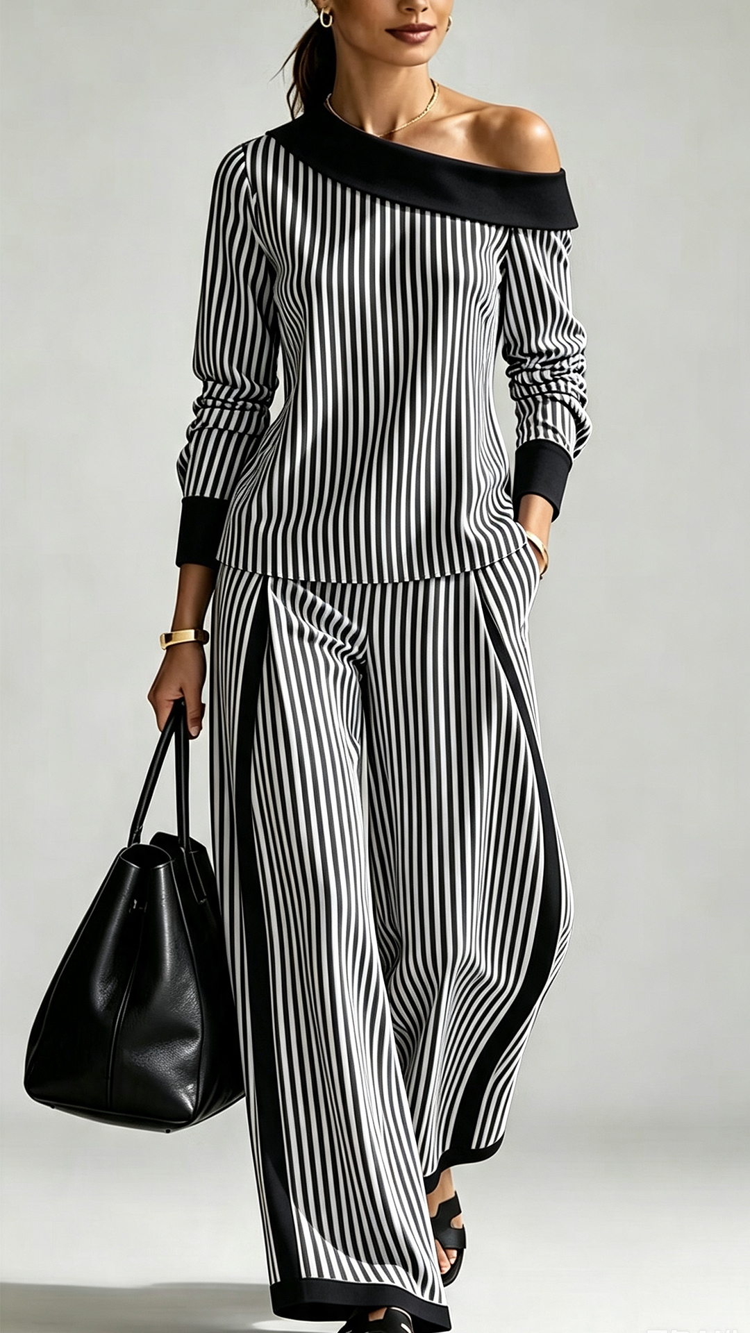 Women's Fashion Striped Color Block Slant Pockets Wide Set