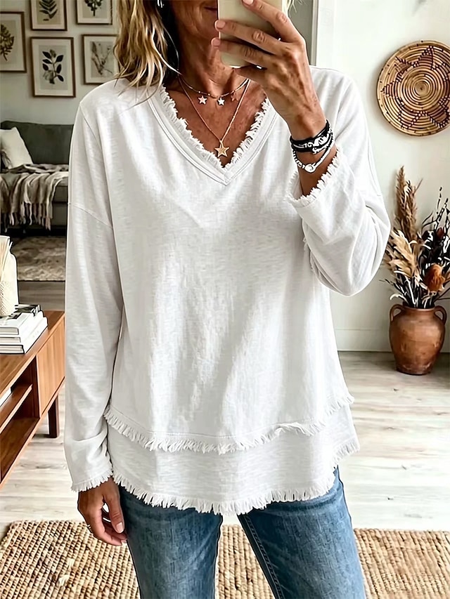 Women’s Fringe Trim V Neck Long Sleeve Top Casual Loose Fit Textured Blouse
