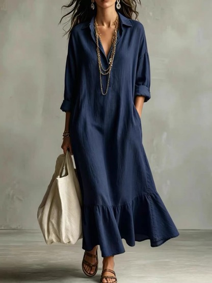 Solid Collared V-Neck Ruffle Hem Midi Dress