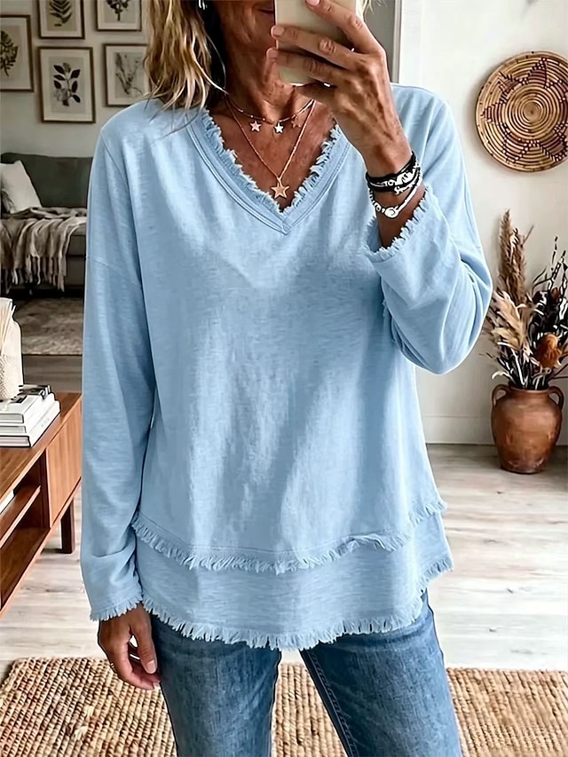 Women’s Fringe Trim V Neck Long Sleeve Top Casual Loose Fit Textured Blouse