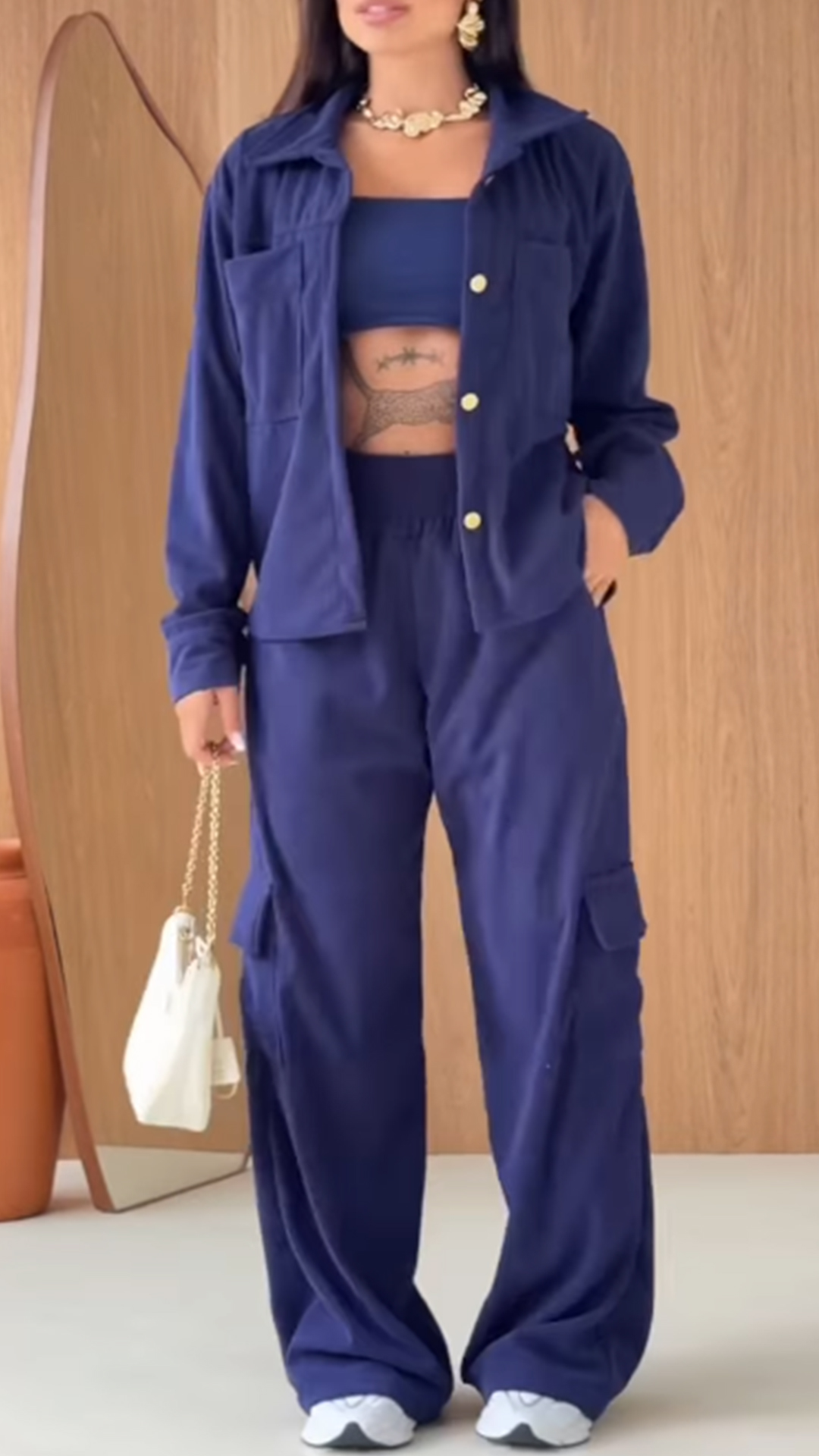 Minimalist Solid Utility Jacket & High Waist Cargo Pants Set
