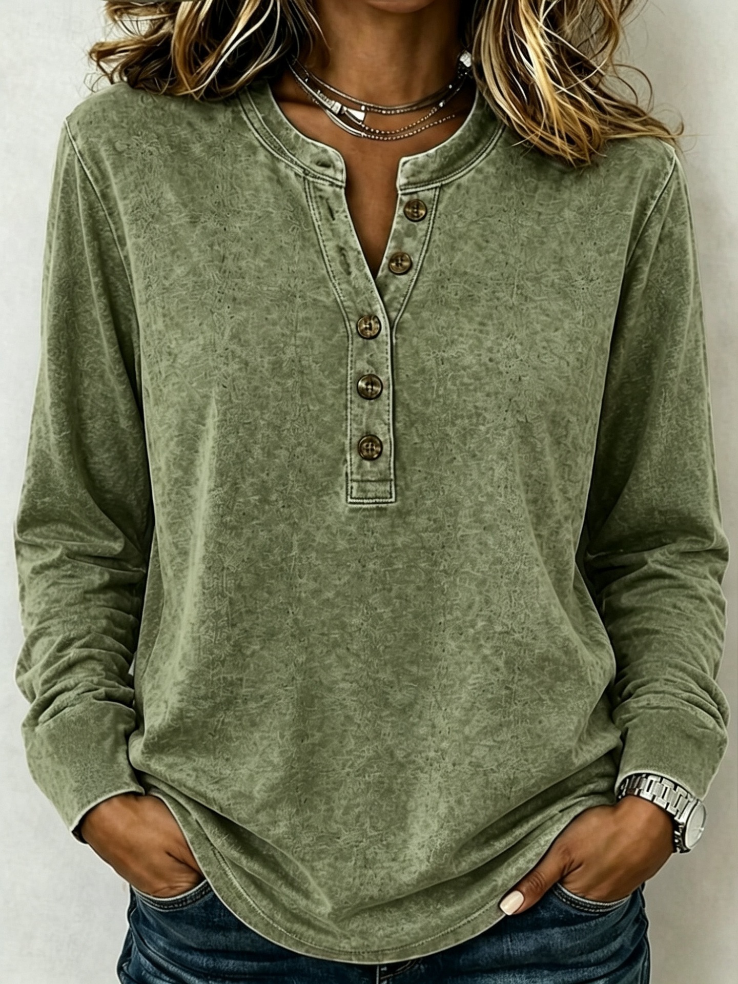 Washed Henley Neck Long Sleeve Polo Shirt