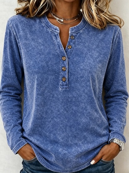 Washed Henley Neck Long Sleeve Polo Shirt