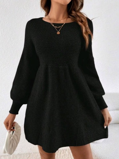 Vintage Knit Puff Sleeve A-Line Sweater Mini Dress
