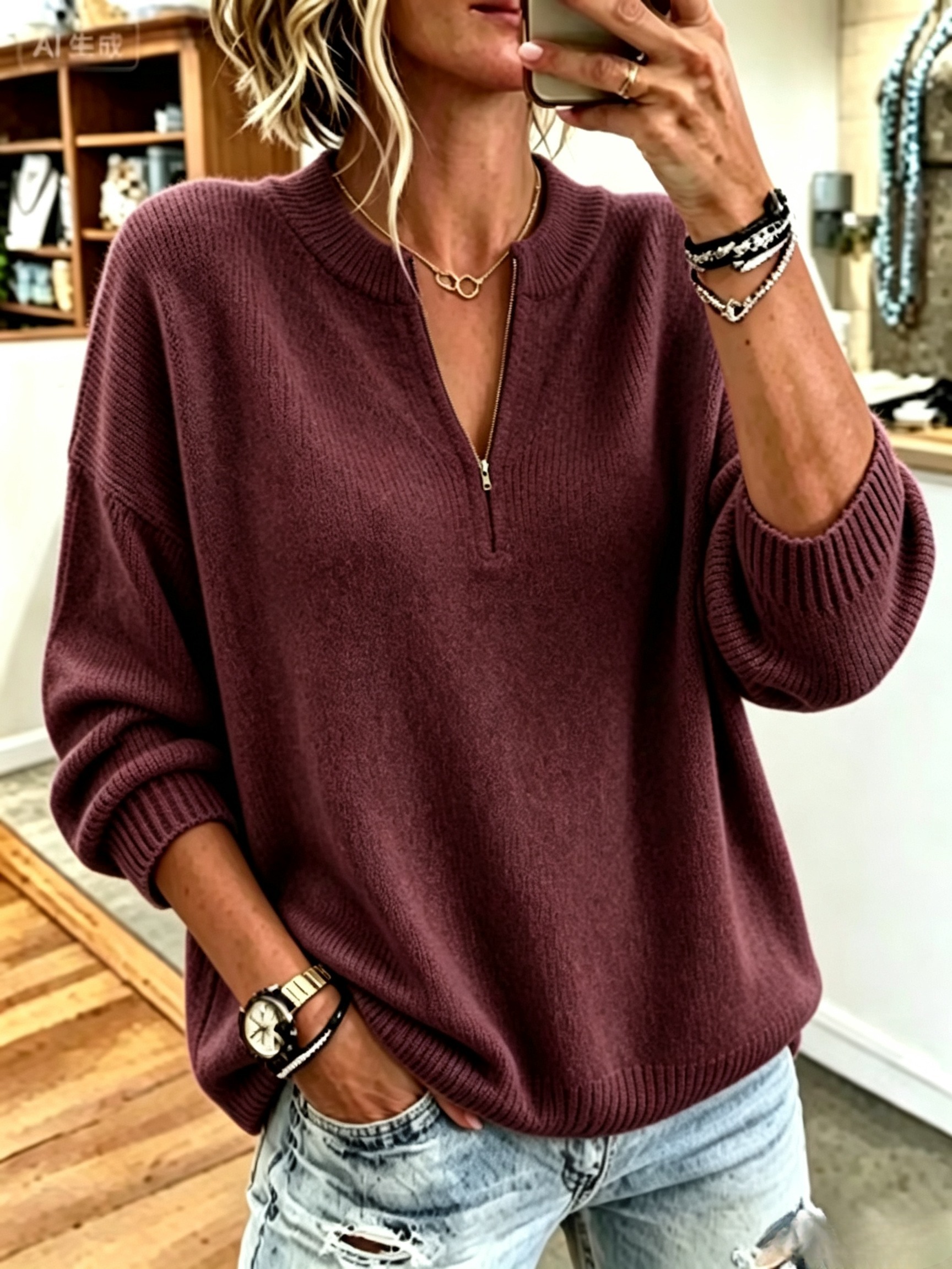 Women's Half Zip Mock Neck Sweater, Oversized Long Sleeve Ribbed Knit Pullover Top